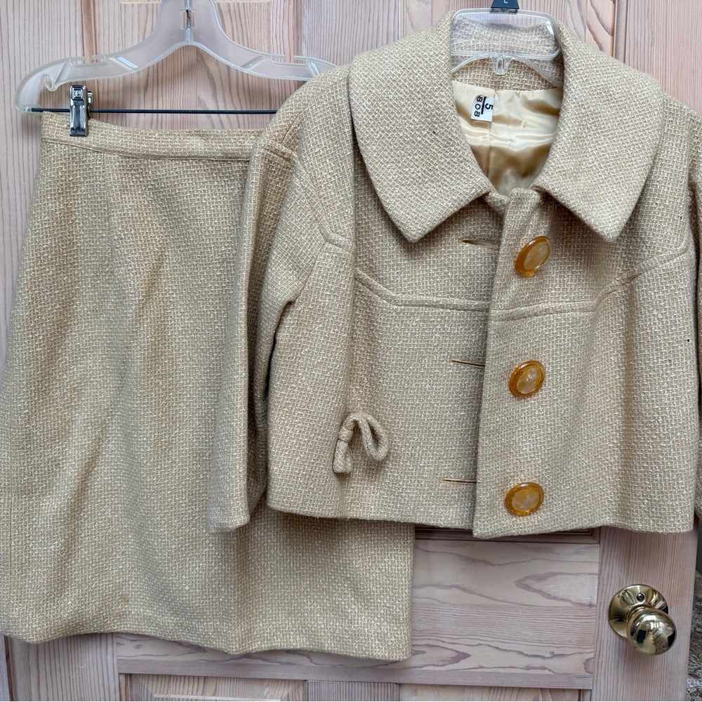 Pale Yellow Textured Skirt and Jacket Set Vintage